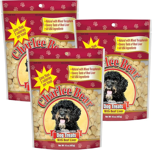 Charlee Bear Original Crunch Beef Liver Dog Treats, 16 oz (3-pack) - Made in the USA, Natural Training Treats for Dogs