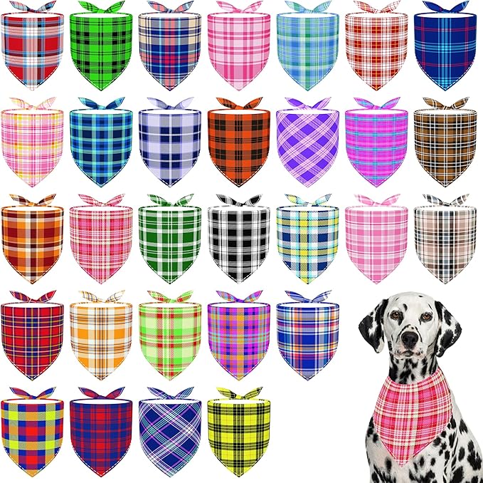 30 Pcs Large Plaid Dog Bandanas XL Polyester Dog Bandana Bulk Reversible Print One Side XXL Plaid Scarves Party Grooming M