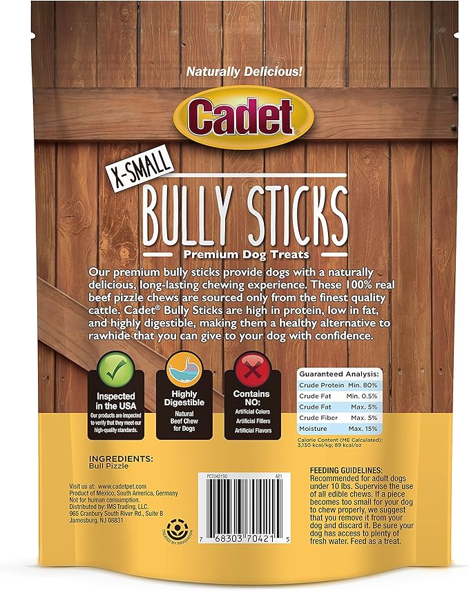 Cadet Bully Sticks for Extra-Small Dogs, All-Natural Beef Pizzle, Rawhide-Free Long-Lasting Dog Chews for Aggressive Chewers, 8 oz