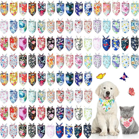 Sweetude 100 Pcs Floral Dog Bandanas Summer Flower Triangle Scarf Adjustable Costume Washable Outfit for Small to Large Pet