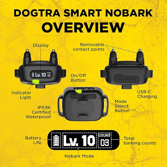 Dogtra Smart NOBARK – Detects Whining and Barking – App Control E-Collar, Usage Notification, Behavior Report, Waterproof IPX9K, 30 Yard Range, Compact Size for 10lbs Dogs, Triple Detection Accuracy