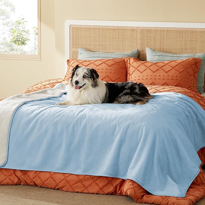 Bedsure Waterproof Blanket for Bed - Sherpa Fleece Waterproof Dog Blankets for Large Dogs, Pet Blankets for Bed/Couch/Dog Crate, Soft Plush Reversible Furniture Protector, Twin, 80"x60", Light Blue