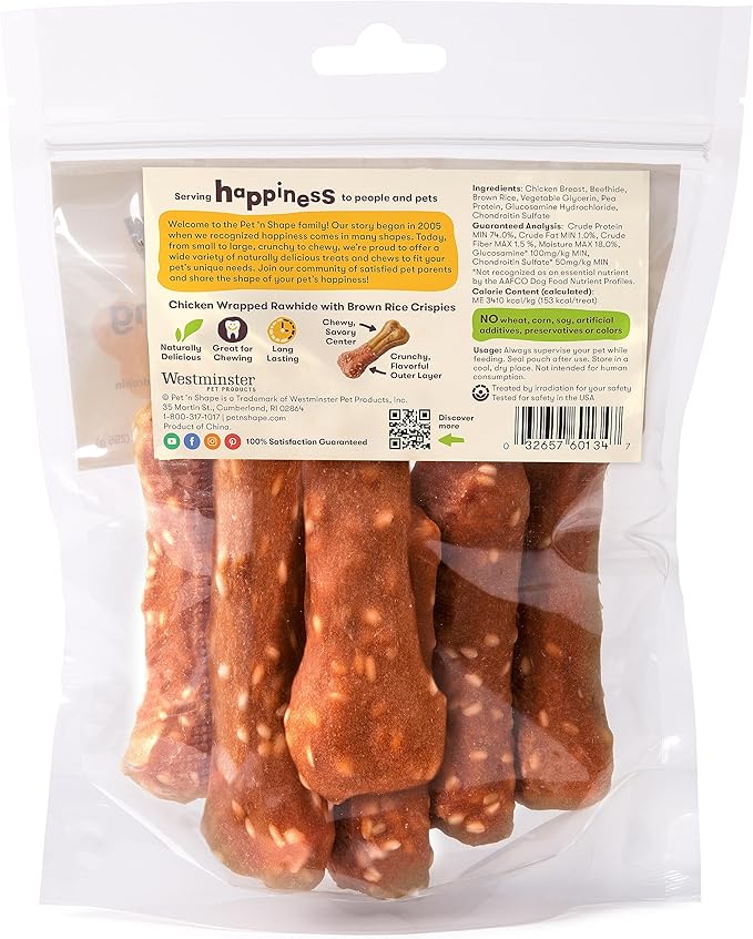 Pet 'n Shape Long Lasting Chewz Dog Treats - Chicken Wrapped Rawhide 6 Bones 4 Inch Long
