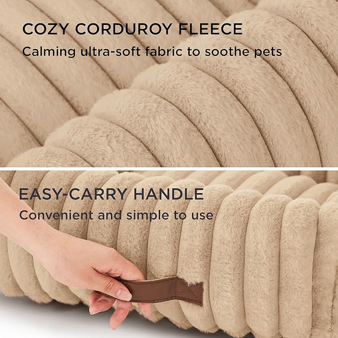 Bedsure Cute Dog Bed for Small Medium Dogs - Washable Furry Puppy Beds, Rectangle Orthopedic Corduroy Fleece Pet Beds with Removable Zipper Cover, 25x21x7inches,Sandy Tan