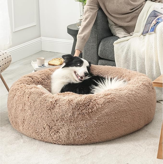 Bedsure Calming Dog Beds Large Sized Dog - Donut Washable Large Pet Bed, 36 inches Anti-Slip Round Fluffy Plush Faux Fur Dogs Bed, Fits up to 100 lbs Pets, Camel