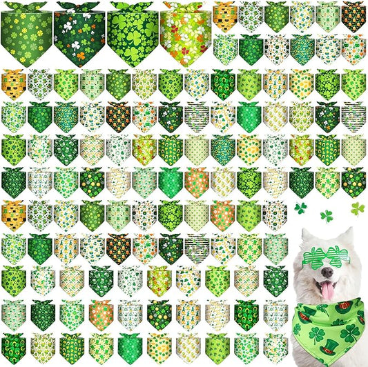 Amylove 120 Pcs Dog Bandanas Bulk Holiday Triangle Dog Pack Puppy Kerchief Bandana Adjustable Pet Scarf for Pet Cat Costume Accessories Decor Summer(Shamrock)