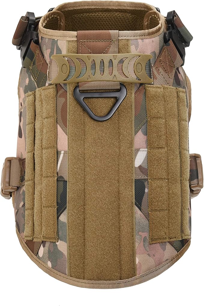 Tactical Dog Harness Vest with Handle Military Working Training Molle Vest with Metal Buckles & Loop Panels Free Bungee Dog Leash (L, Camouflage Harness with Leash)