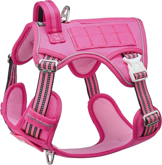 Tactical Dog Harness for Medium Large Dogs, Pink Dog Harness with ID Card, Reflective Hiking Harness for Training Easy Control Dog Vest with Handle Pink