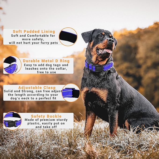 2 Pack Reflective Dog Collar with Safety Locking Buckle, Adjustable Soft Breathable Comfortable Nylon Pet Collar for Small, Medium and Large Dogs, Navyblue, L