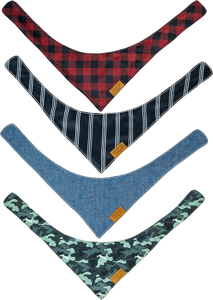 Remy+Roo Large Dog Bandanas - 4 Pack Timeless Set | Premium Durable Adjustable Polyester Fabric | Patented Shape Boy Dog Bandanas | Pack of Bandanas for Dogs