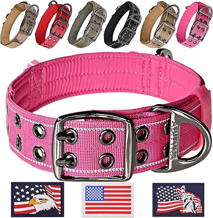 ADITYNA Heavy Duty Reflective Pink Dog Collar with Handle - Wide, Neoprene Padded for Large Female Dogs - Tactical, Durable, Comfortable for Walking, Training, Hiking