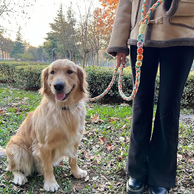 Handmade 5ft Braided Cotton Dog Leash with Unique Floral Handle, Durable and Stylish, Ideal for Small to Large Dogs,Rainbow Mix