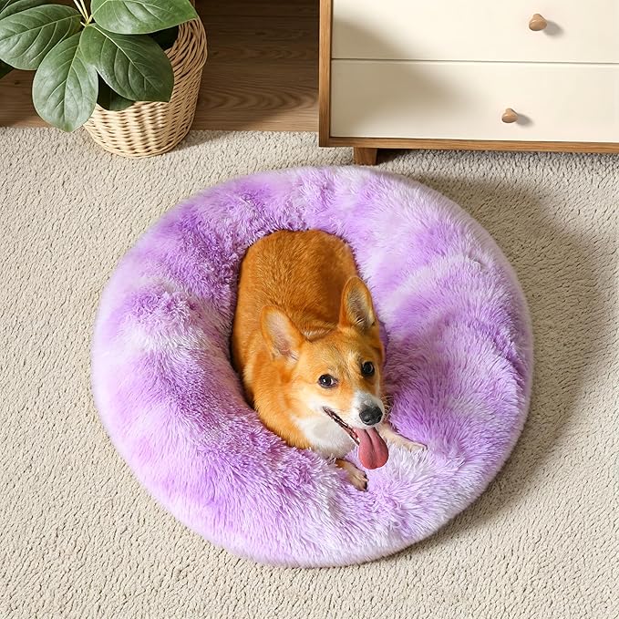 WESTERN HOME WH Calming Dog & Cat Donut Cuddler, Anti-Anxiety Warming Cozy Soft Round Bed, Fluffy Faux Fur Plush Cushion for Small Medium Dogs and Cats (20"/24"/27"/30")