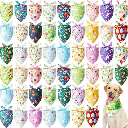 Sanwuta 50 Pcs Easter Dog Bandanas Bulk Pet Kerchief Set Bibs Triangle Scarf Dog Bandanas with Egg Rabbit Carrot Patterns for Easter Party Pet Costume Accessory Decoration(31.5 x 21.7 x 21.7)