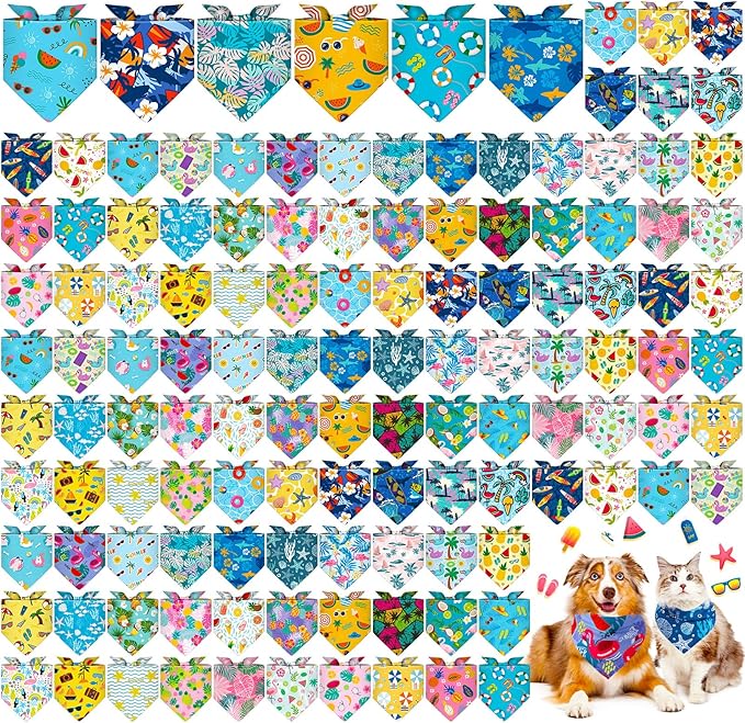 120 Packs Dog Bandanas Bulk Summer Pet Bandanas for Dogs Hawaiian Pet Scarf Bibs Adjustable Washable Kerchief for Large Medieum Small Pet Costume Accessories(Hawaiian Style)