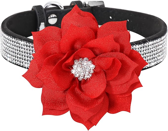 PET ARTIST Bling Dog Collar with Flower, Soft Suede Leather Dog Collar Girl with Sparkling Rhinestone, Cute Red Pet Collars for Small Medium Female Dogs Walking Party Wedding,M
