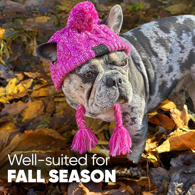 Knitted Dog Hat with Ear Holes & Adjustable Chin Strap - Warm & Snug Fit Dog Beanie for French Bulldog - Light & Soft Yarn Dog Hats - Stylish Dog Accessories & Clothes - Beanies for Dogs(Pink, Large)