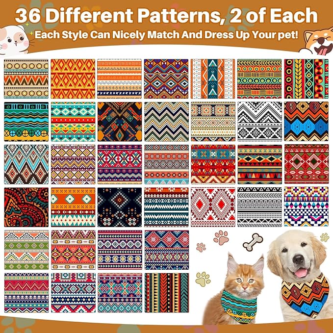 Reginary 72 Packs Dog Bandanas Pet Bandanas Triangle Scarf Bibs Dog Bibs Adjustable Dog Bandana for Pet Costume Accessories (Geometric Stripes Pattern)