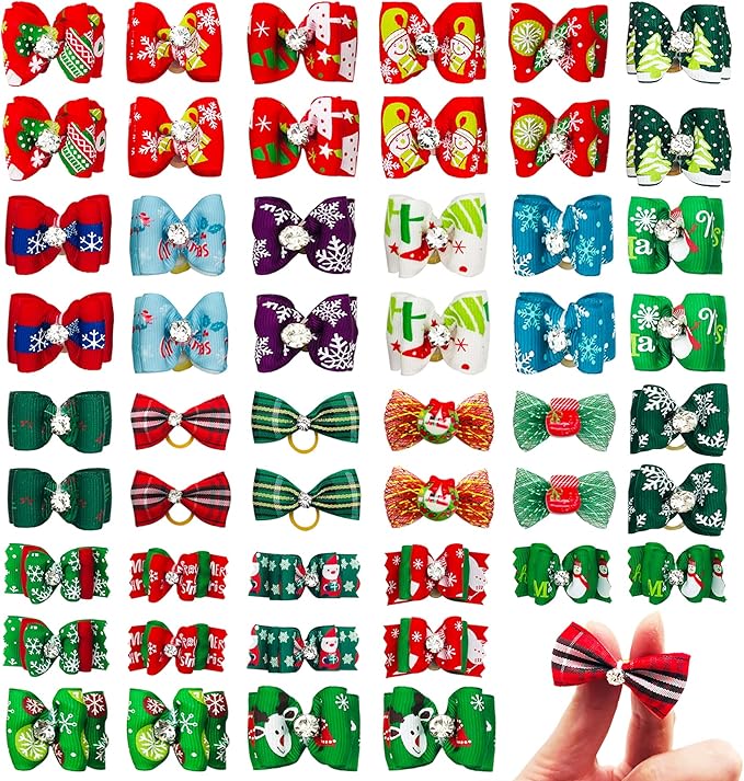 PET SHOW 50pcs Christmas Dog Hair Bows with Rubber Bands Bulk for Small Medium Dogs Xmas Holiday Puppies Cats Kittens Rabbits Topknot Grooming Costumes Hair Accessories