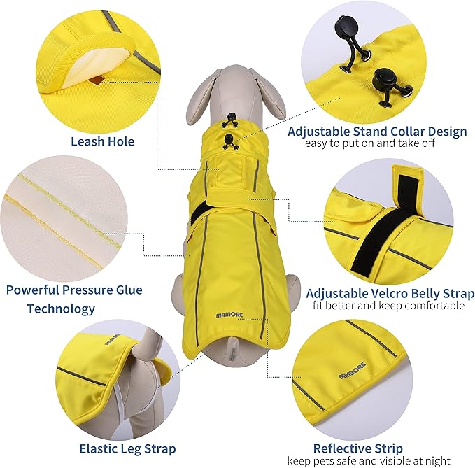 Waterproof Dog Raincoat with Reflective Strip, Adjustable Breathable Rain Coat Jacket with Leash Hole for Dogs (Khaki, XX-Large)