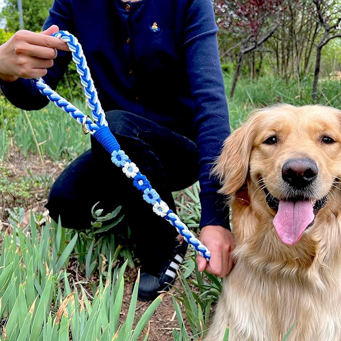 Handmade 5ft Braided Cotton Dog Leash with Unique Floral Handle, Durable and Stylish, Ideal for Small to Large Dogs,Sea Wave