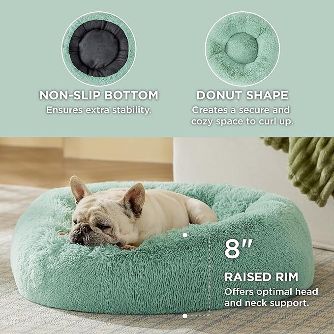 Bedsure Calming Dog Bed for Medium Dogs - Donut Washable Medium Pet Bed, 30 inches Anti-Slip Round Fluffy Plush Faux Fur Cat Bed, Fits up to 45 lbs Pets, Garden Green