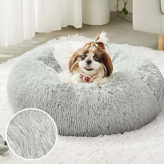 Calming Dog Bed & Cat Bed, Anti-Anxiety Donut Cuddler Beds, Cozy Soft Round Beds, Fluffy Faux Fur Plush Bed for Small Medium Dogs and Cats