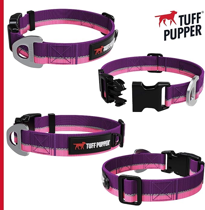 Tuff Pupper Heavy Duty Dog Collar | Reflective with Aluminum D-Ring Leash Clip | Separate Dog ID Tag Attachment | Easy Sizing for All Breeds