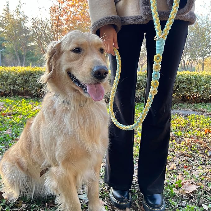 Handmade 5ft Braided Cotton Dog Leash with Unique Floral Handle, Durable and Stylish, Ideal for Small to Large Dogs, Blue & Yellow Twist