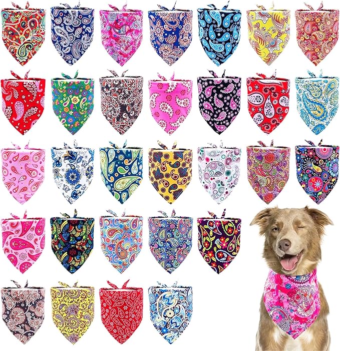 30 Pack Paisley Dog Bandanas Bulk 33 Inche Extral Large XL Dogs Breed Bandanas Adjustable Polyester Print One Side Triangle Bandana Girl Boy Grooming L