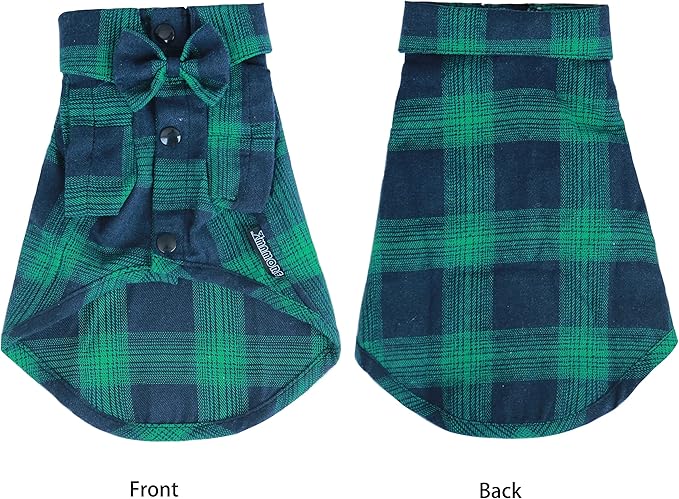 Soft Casual Dog Plaid Shirt,Gentle Dog Western Shirt Pet Clothes, Dog Cotton Shirt with Bow Tie for Wedding,Christmas Costumes (Medium, Green&Blue)