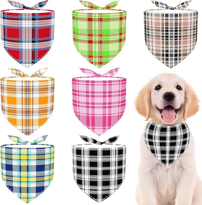 7 PCS Small Dog Bandanas Plaid Polyester Dog Bandana for Medium Dogs Cats Print One Side Large Scarves Party Grooming M
