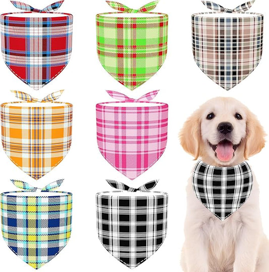 7 PCS Small Dog Bandanas Plaid Polyester Dog Bandana for Medium Dogs Cats Print One Side Large Scarves Party Grooming M