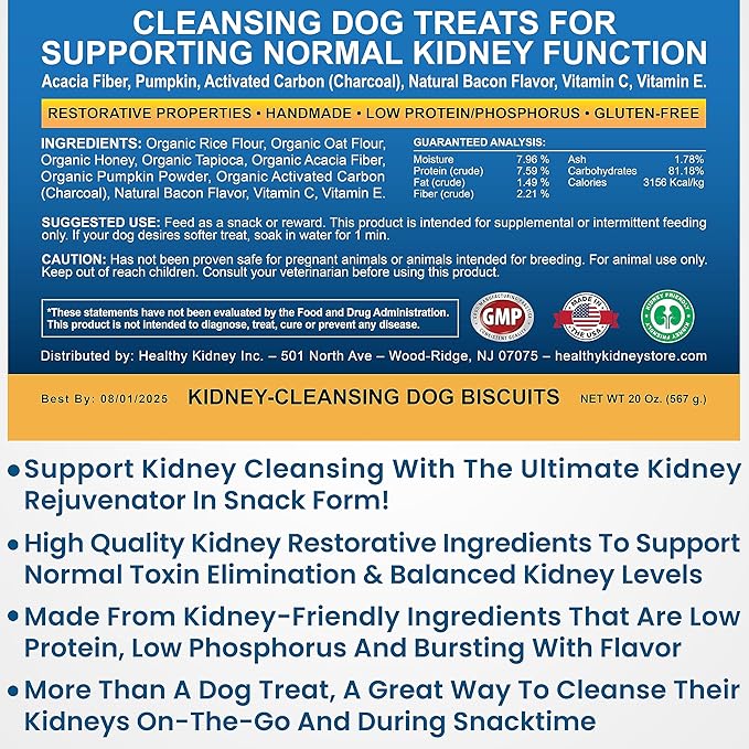 Kidney Cleanse Dog Treats Low Protein Bacon 20 Oz. Dog Treats for Kidney Support. Kidney Friendly Dog Food Diet Treat That Supports Normal Kidney Toxin Elimination