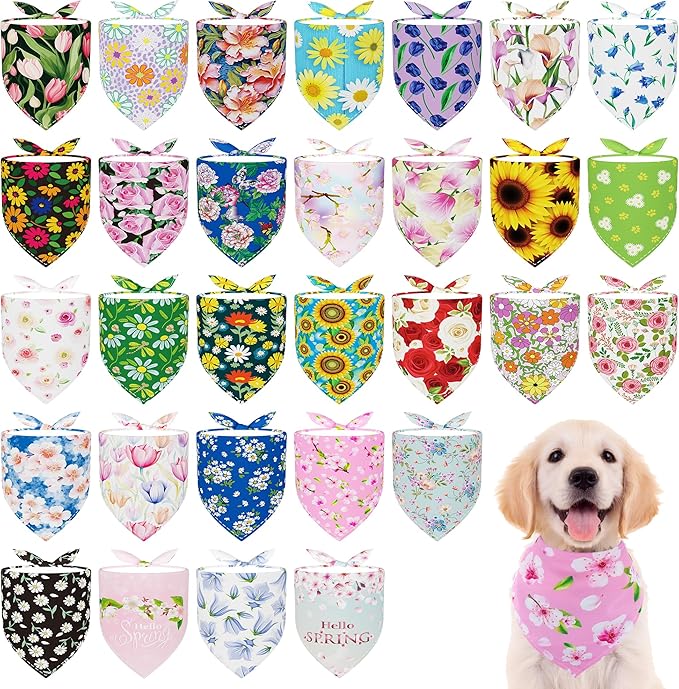 30 Pcs Spring Dog Bandanas Bulk 25 Inch Summer Flowers Dog Bandanas for Small Medium Dogs Breed Adjustable Polyester Scarves Grooming M