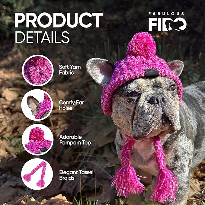 Knitted Dog Hat with Ear Holes & Adjustable Chin Strap - Warm & Snug Fit Dog Beanie for French Bulldog - Light & Soft Yarn Dog Hats - Stylish Dog Accessories & Clothes - Beanies for Dogs(Pink, Large)