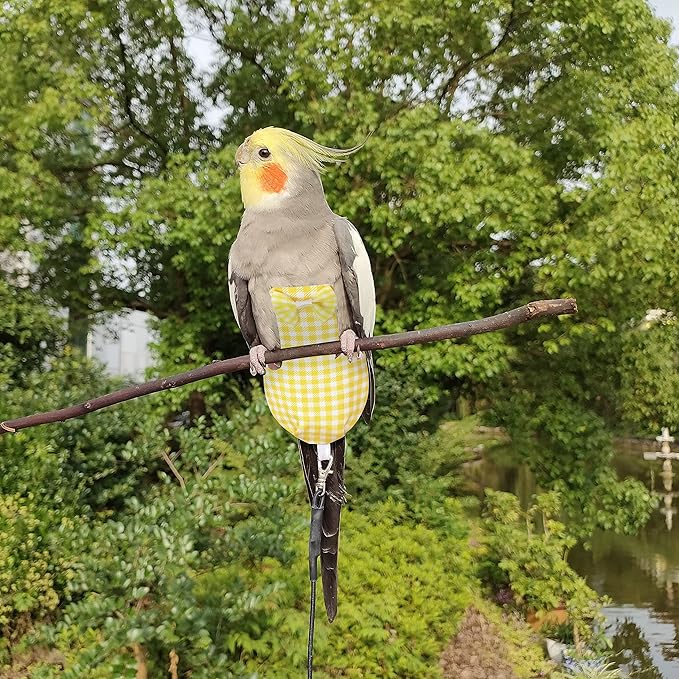 VANFAVORI Bird Diaper Harness Flight Suit Clothes with 80 Inch Flying Leash for Parrots Cockatiel Pet Birds Including A Cotton Pad, S Size, Yellow Checks