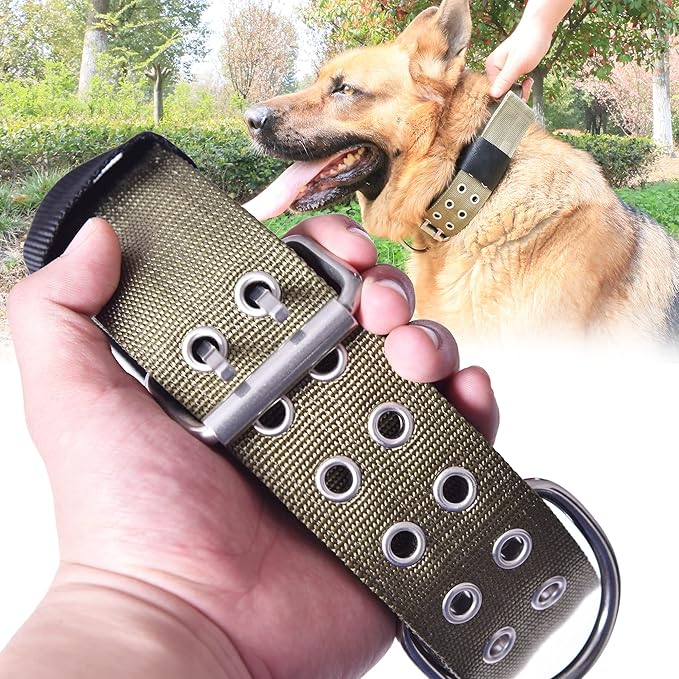 Large Dog Collar Heavy Duty- 2 inches Wide Tactical Dog Collar with Handle for Gaint Dogs, Extra Strong Nylon with Stainless Hardware, Military Green 22"-27"