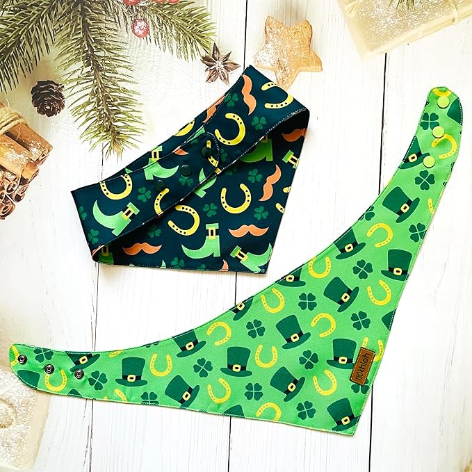 St. Patrick's Day Dog Bandanas with Snap Button, 2 Pack Reversible Shamrock Dog Scarf for Boy & Girl, Premium Durable Fabric, Gift for Dogs, Holiday Bandana for Medium and Large Dogs (Large)