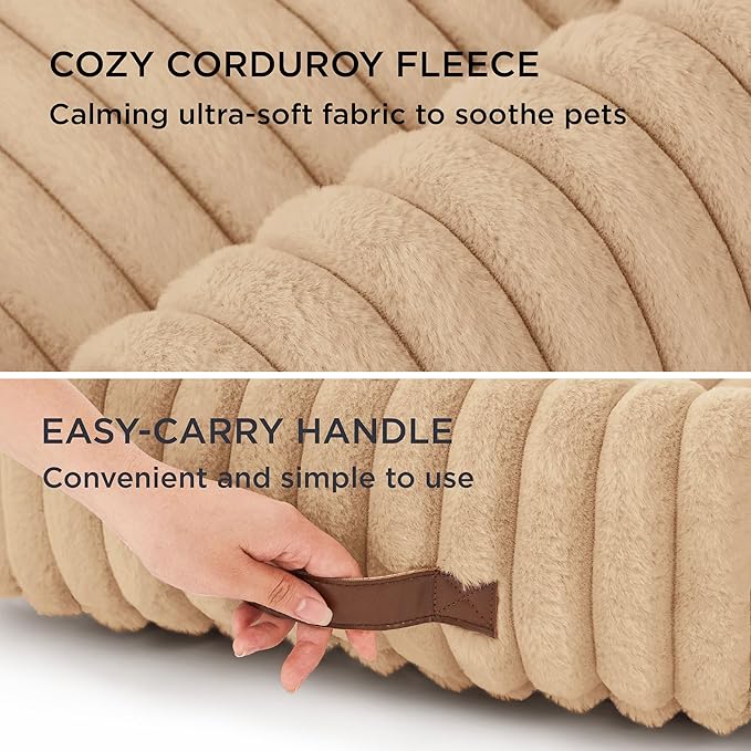 Bedsure Washable Dog Bed for Medium Dogs - Cute Furry Puppy Beds, Rectangle Orthopedic Corduroy Fleece Pet Beds with Removable Zipper Cover, 36x27x8inches, Sandy Tan