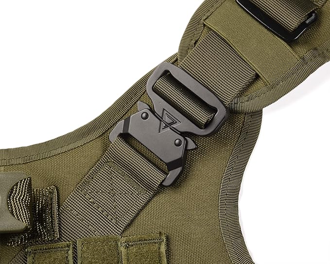Tactical Dog Harness Vest with Handle Military Working Training Molle Vest with Metal Buckles & Loop Panels Free Bungee Dog Leash (L, Green Harness with Leash)
