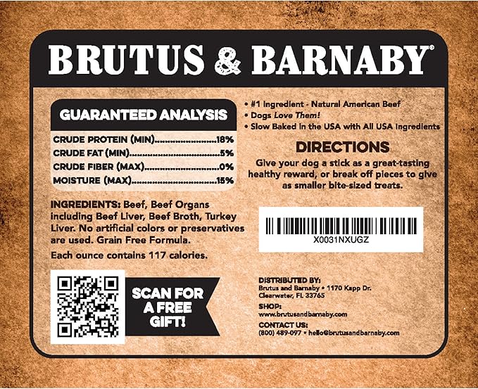 BRUTUS & BARNABY Beef Meat Sticks for Dogs - Thick & Hearty Beef Liver & Lung Dog Treat Made in USA - Protein Packed, Crunchy, Healthy Dog Treats - Grain Free, Rawhide Free, No Additives