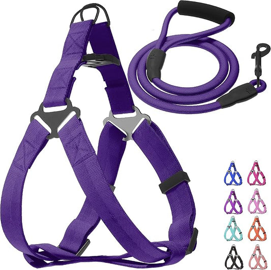 Step in No Pull Dog Harness, Free Upgrade Ultra Durable Dog Rope Leash Harness Nylon (2-in-1) Non-Slip Adjustable, Easy Control Handle, Strong Metal, Vest Harness for Large Dog - Purple L