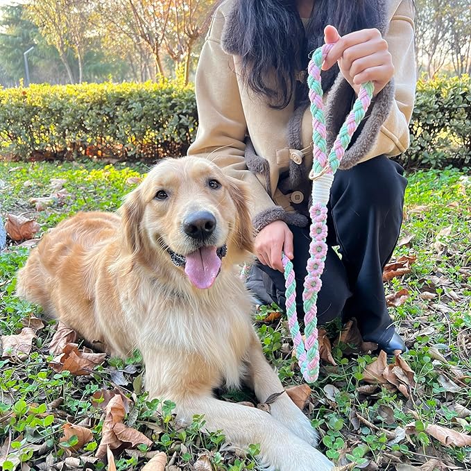 Handmade 5ft Braided Cotton Dog Leash with Unique Floral Handle, Durable and Stylish, Ideal for Small to Large Dogs, Pink & Green Color