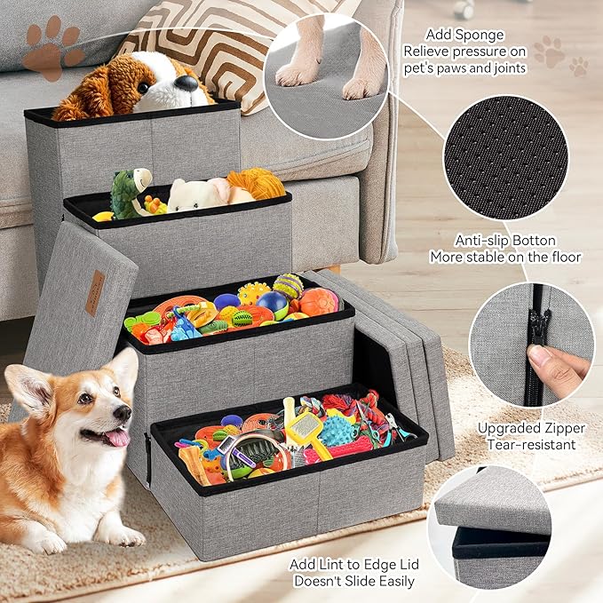 Dog Stairs with Storage 23" H, 4-Step Wider Dog Steps for High Beds Window, Folding Sturdy Pet Stairs Gift for Small/Medium/Large Old Dogs Cats, Ramp for Climbing Car Up to 200 lbs, Smok Gray