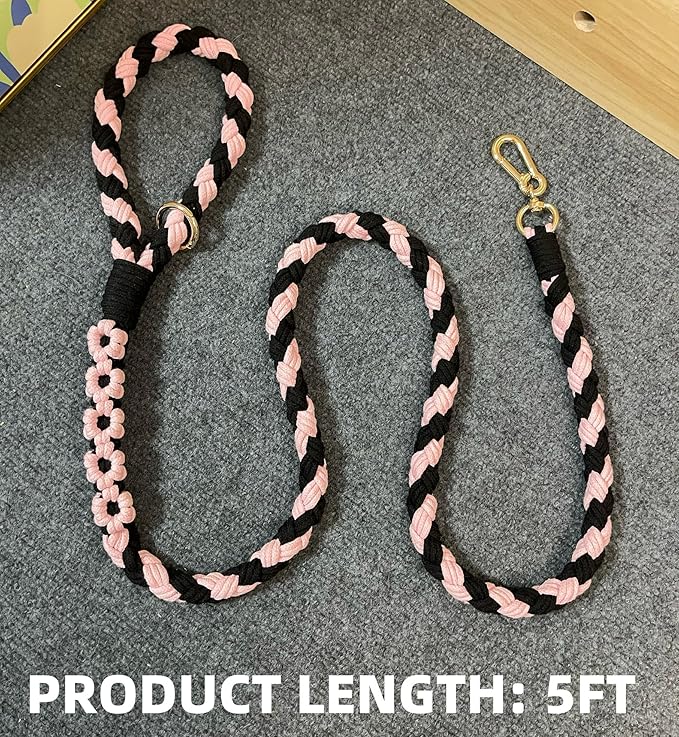 Handmade 5ft Braided Cotton Dog Leash with Unique Floral Handle, Durable and Stylish, Ideal for Small to Large Dogs, Black & Pink Color