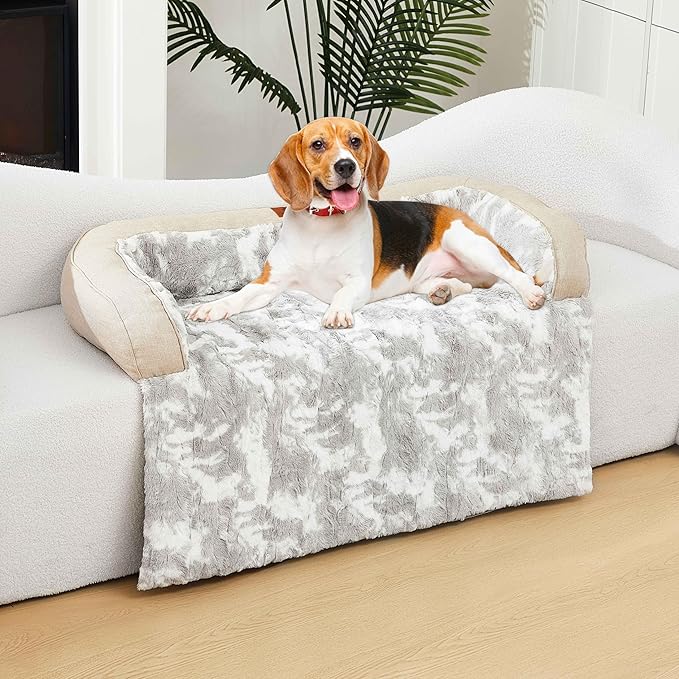 Calming Dog Couch Bed Mat, 35x31 Inch Waterproof Fluffy Sofa Cover, Furniture Protector with Handle, Removable and Washable Pet Bed for Small Medium Dogs and Cats (Beige)