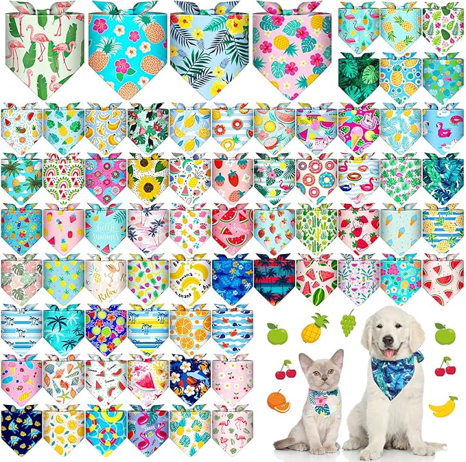 Reginary 72 Packs Summer Bandanas for Dog Bulk Fruit Dog Bandanas Pet Bandanas Hawaiian Triangle Scarf Bibs Dog Bibs Adjustable Dog Bandana for Pet Costume Accessories (Cute)