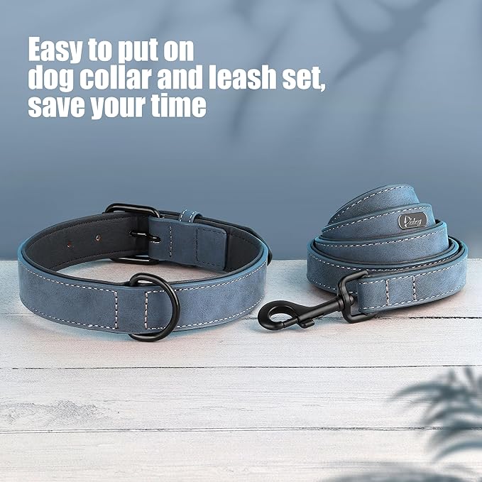 Didog Soft Padded Leather Dog Collar and Leash Set, Heavy Duty Dog Leash and Collar Set with Metal Buckle, Breathable Dog Collars with 4FT Leather Dog Leash for Small Medium Dogs, Blue, M