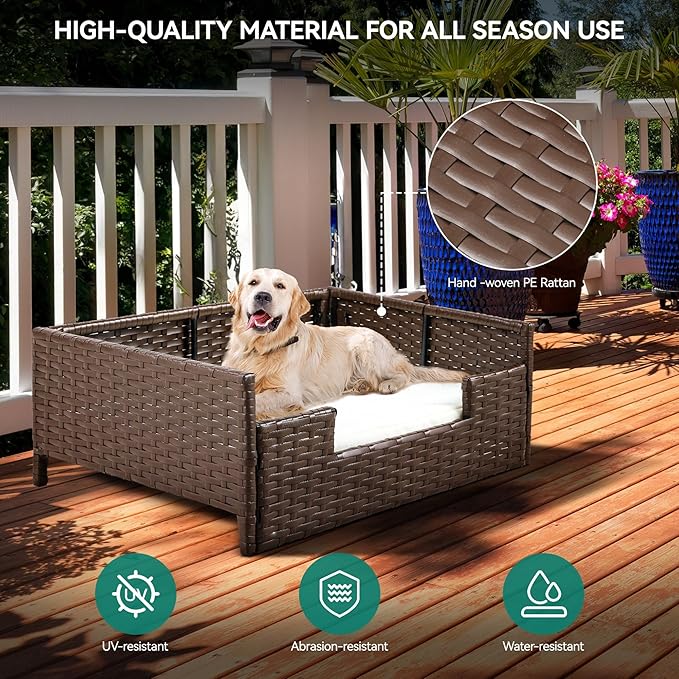 YITAHOME Rattan Dog Sofa Bed with Cushion,Wicker Pet Bed Sofa Couch Indoor Outdoor Water Resistant for Large Medium Small Dogs Cats (34.6''L*23.6''W*11.8''H,Beige)